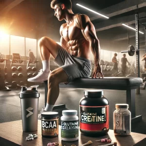 DALL·E 2025-02-21 01.17.31 - A powerful and inspiring image for a blog article about muscle recovery supplements. The image showcases a well-lit gym setting with a close-up of sup